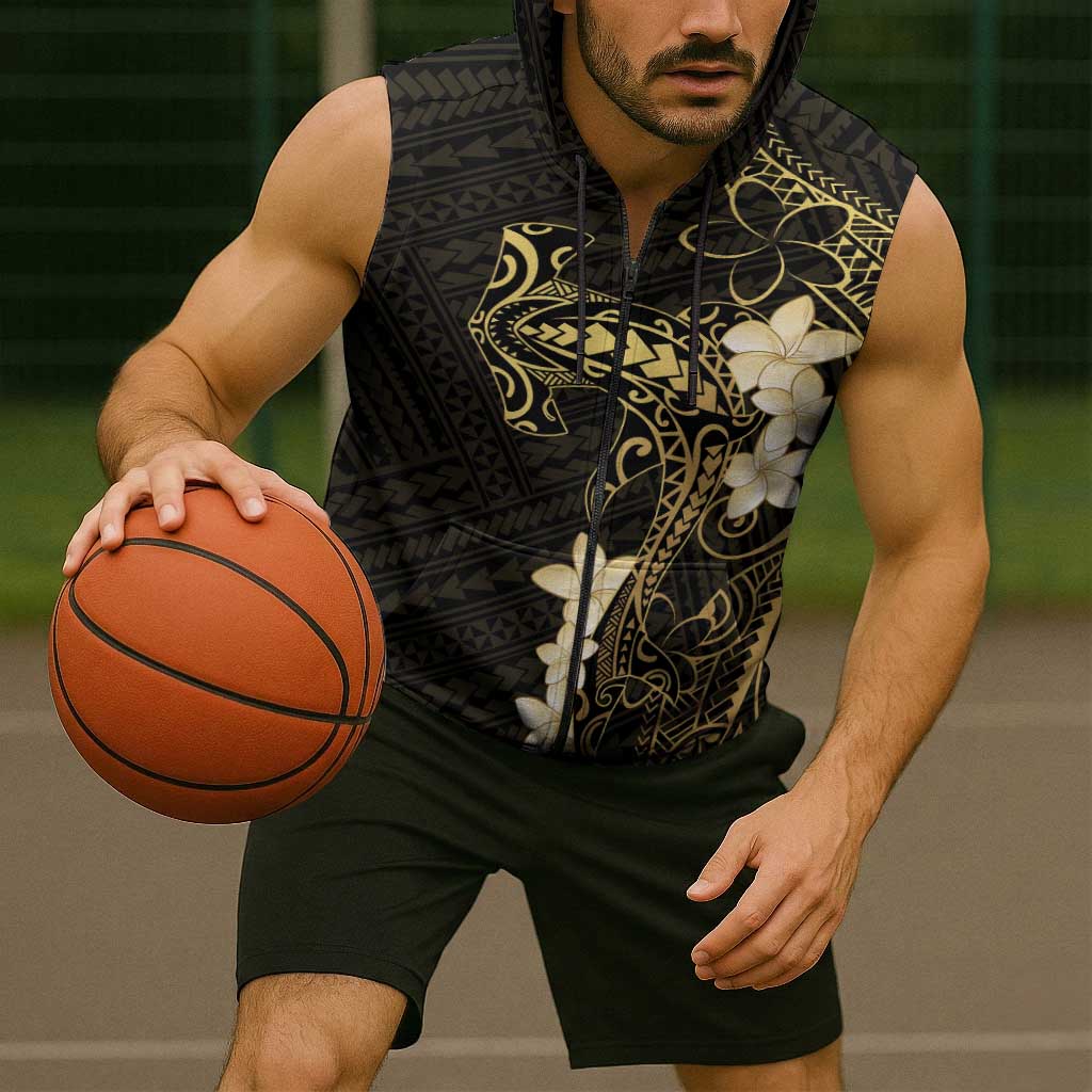 Black and Gold Hawaii Sleeveless Zip Hoodie Hammerhead Shark Tattoo Curve Polynesian - Polynesian Pride