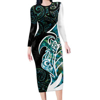 Proud Aotearoa Family Matching Long Sleeve Bodycon Dress and Hawaiian Shirt Maori Silver Fern Mix Paua Shell Pattern LT14 Mom's Dress Black - Polynesian Pride