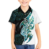 Proud Aotearoa Family Matching Long Sleeve Bodycon Dress and Hawaiian Shirt Maori Silver Fern Mix Paua Shell Pattern LT14 Son's Shirt Black - Polynesian Pride