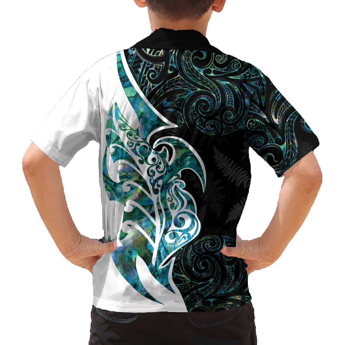 Proud Aotearoa Family Matching Off The Shoulder Long Sleeve Dress and Hawaiian Shirt Maori Silver Fern Mix Paua Shell Pattern LT14 - Polynesian Pride