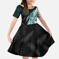 Proud Aotearoa Family Matching Off The Shoulder Long Sleeve Dress and Hawaiian Shirt Maori Silver Fern Mix Paua Shell Pattern LT14 Daughter's Dress Black - Polynesian Pride
