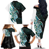 Proud Aotearoa Family Matching Off The Shoulder Long Sleeve Dress and Hawaiian Shirt Maori Silver Fern Mix Paua Shell Pattern LT14 - Polynesian Pride