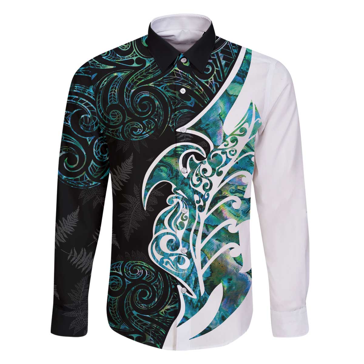 Proud Aotearoa Family Matching Off The Shoulder Long Sleeve Dress and Hawaiian Shirt Maori Silver Fern Mix Paua Shell Pattern LT14 Dad's Shirt - Long Sleeve Black - Polynesian Pride