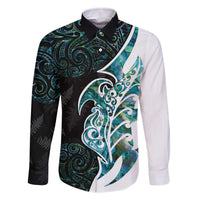 Proud Aotearoa Family Matching Off The Shoulder Long Sleeve Dress and Hawaiian Shirt Maori Silver Fern Mix Paua Shell Pattern LT14 Dad's Shirt - Long Sleeve Black - Polynesian Pride