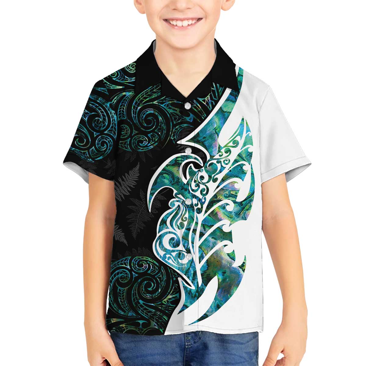 Proud Aotearoa Family Matching Off The Shoulder Long Sleeve Dress and Hawaiian Shirt Maori Silver Fern Mix Paua Shell Pattern LT14 Son's Shirt Black - Polynesian Pride