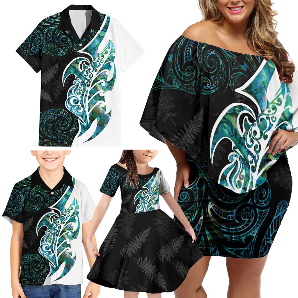 Proud Aotearoa Family Matching Off Shoulder Short Dress and Hawaiian Shirt Maori Silver Fern Mix Paua Shell Pattern LT14 - Polynesian Pride