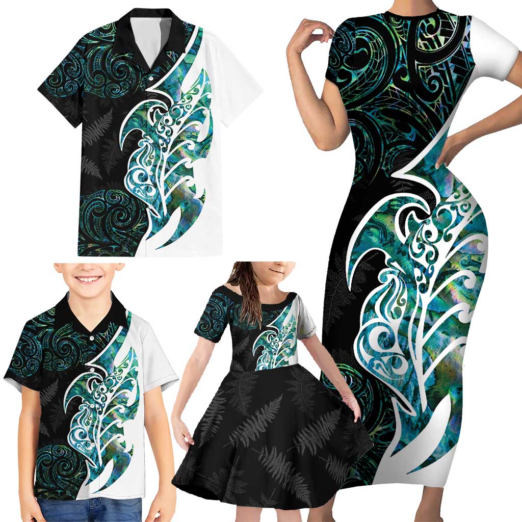 Proud Aotearoa Family Matching Short Sleeve Bodycon Dress and Hawaiian Shirt Maori Silver Fern Mix Paua Shell Pattern LT14 - Polynesian Pride