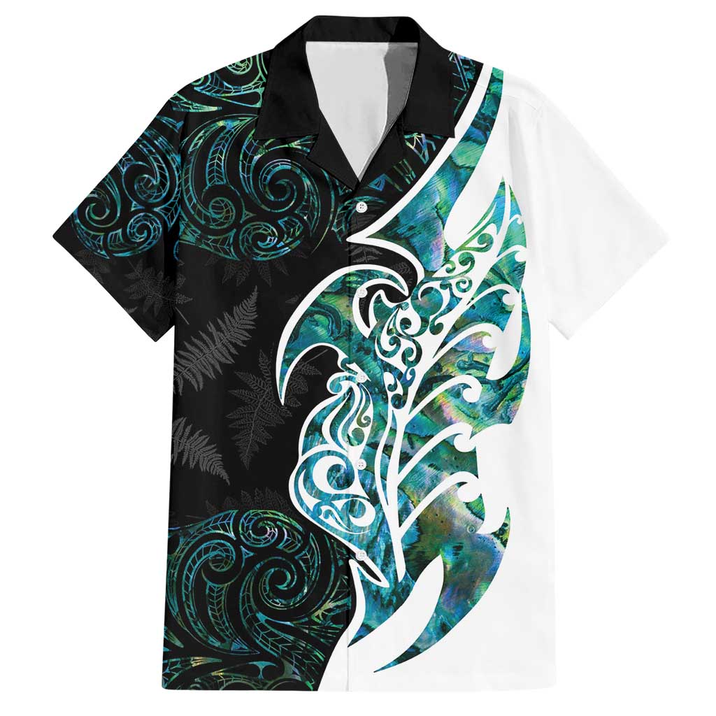 Proud Aotearoa Family Matching Short Sleeve Bodycon Dress and Hawaiian Shirt Maori Silver Fern Mix Paua Shell Pattern LT14 Dad's Shirt - Short Sleeve Black - Polynesian Pride