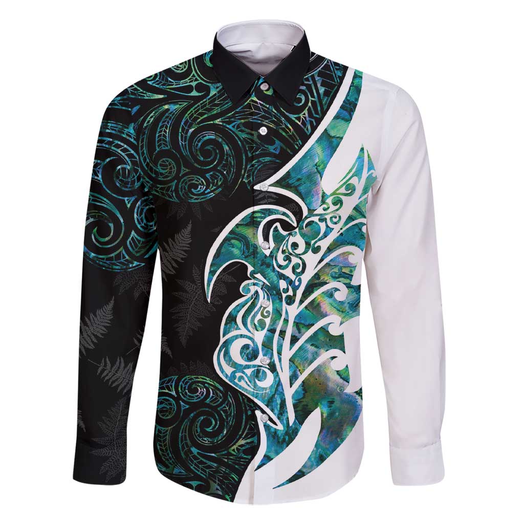 Proud Aotearoa Family Matching Short Sleeve Bodycon Dress and Hawaiian Shirt Maori Silver Fern Mix Paua Shell Pattern LT14 Dad's Shirt - Long Sleeve Black - Polynesian Pride