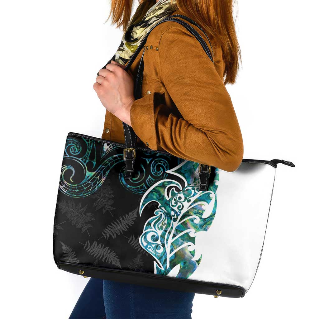 Proud Aotearoa Leather Tote Bag Maori Silver Fern Mix Paua Shell Pattern LT14 Black - Polynesian Pride