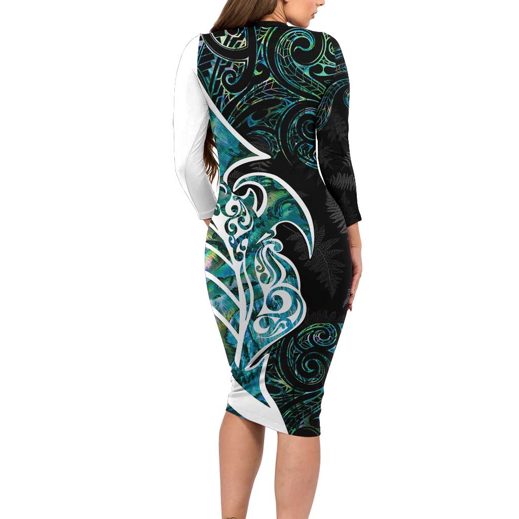 Proud Aotearoa Long Sleeve Bodycon Dress Maori Silver Fern Mix Paua Shell Pattern LT14 - Polynesian Pride