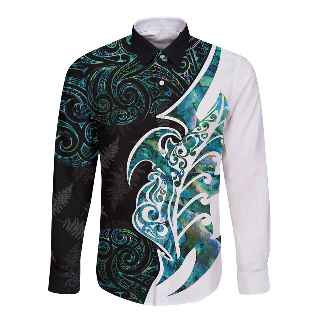 Proud Aotearoa Long Sleeve Button Shirt Maori Silver Fern Mix Paua Shell Pattern LT14 Unisex Black - Polynesian Pride