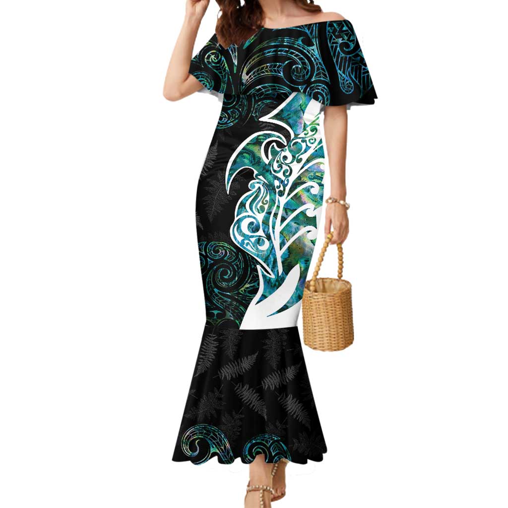 Proud Aotearoa Mermaid Dress Maori Silver Fern Mix Paua Shell Pattern LT14 Women Black - Polynesian Pride