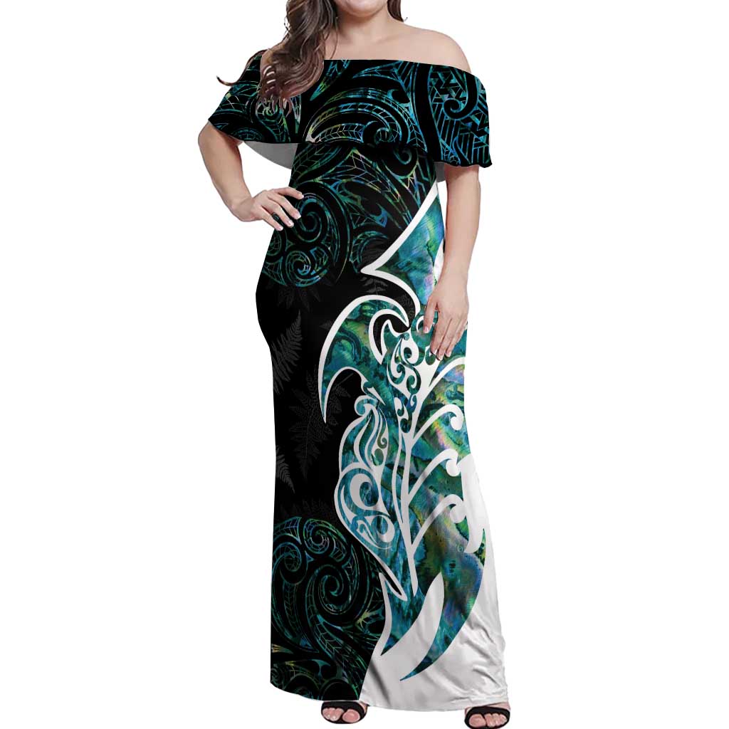 Proud Aotearoa Off Shoulder Maxi Dress Maori Silver Fern Mix Paua Shell Pattern LT14 Women Black - Polynesian Pride