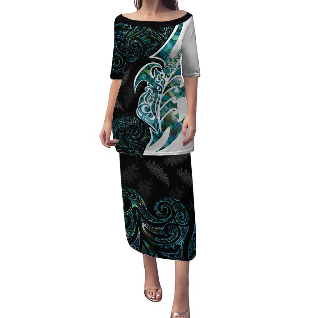 Proud Aotearoa Puletasi Maori Silver Fern Mix Paua Shell Pattern LT14 Long Dress Black - Polynesian Pride