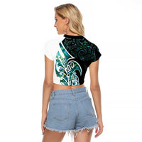 Proud Aotearoa Raglan Cropped T Shirt Maori Silver Fern Mix Paua Shell Pattern