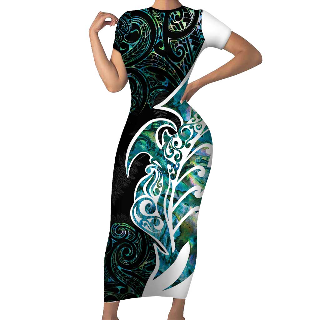 Proud Aotearoa Short Sleeve Bodycon Dress Maori Silver Fern Mix Paua Shell Pattern LT14 Long Dress Black - Polynesian Pride