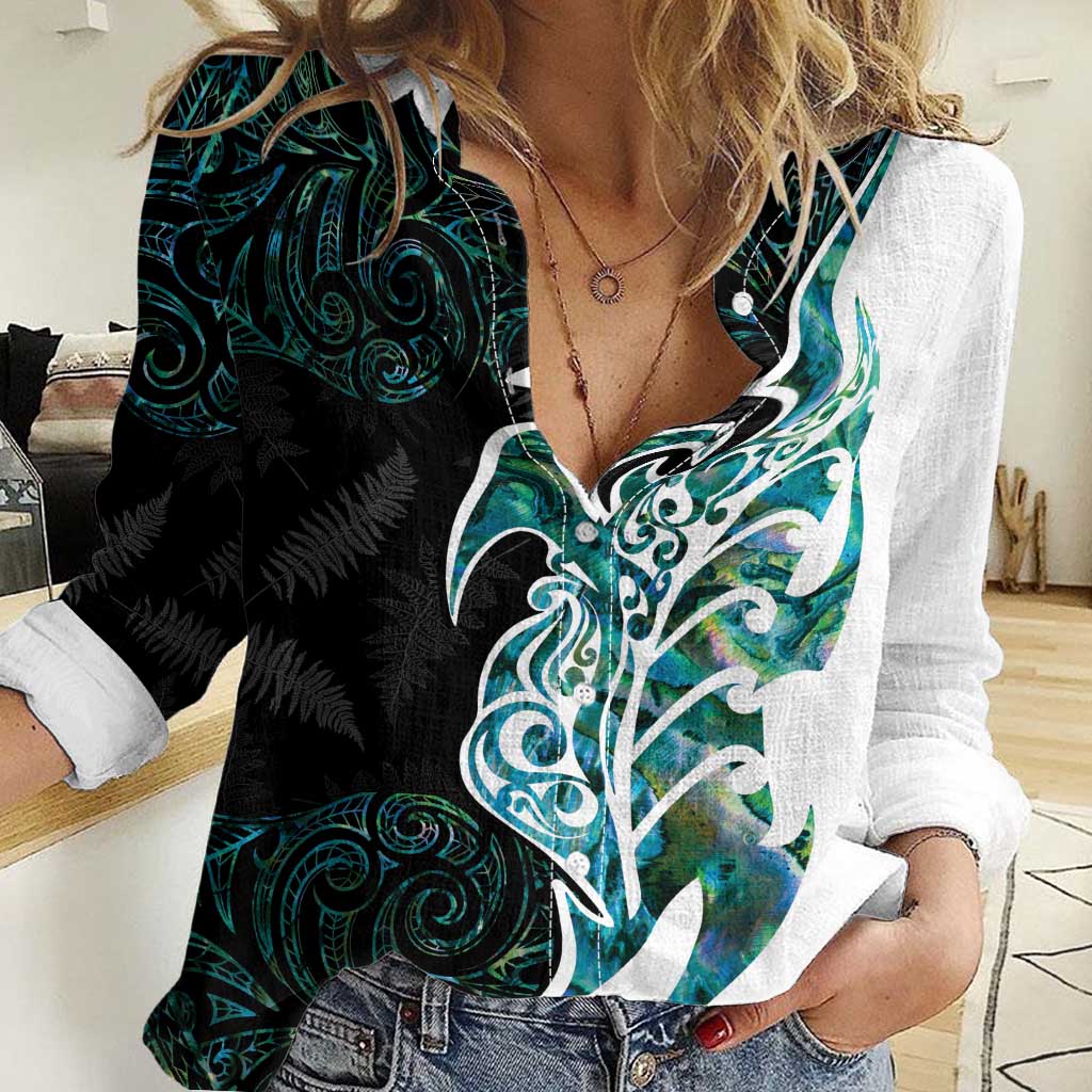 Proud Aotearoa Women Casual Shirt Maori Silver Fern Mix Paua Shell Pattern LT14 Female Black - Polynesian Pride