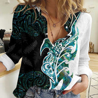 Proud Aotearoa Women Casual Shirt Maori Silver Fern Mix Paua Shell Pattern LT14 Female Black - Polynesian Pride