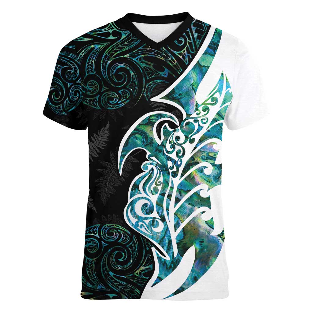 Proud Aotearoa Women V-Neck T-Shirt Maori Silver Fern Mix Paua Shell Pattern