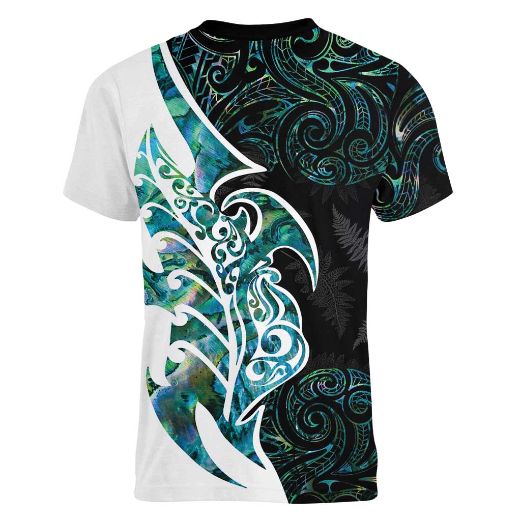 Proud Aotearoa Women V-Neck T-Shirt Maori Silver Fern Mix Paua Shell Pattern