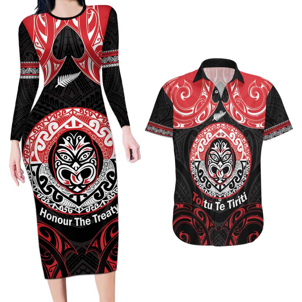 Aotearoa Toitu Te Tiriti Couples Matching Long Sleeve Bodycon Dress and Hawaiian Shirt Haka Tiki Honour The Treaty LT14 Black - Polynesian Pride