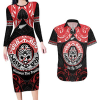 Aotearoa Toitu Te Tiriti Couples Matching Long Sleeve Bodycon Dress and Hawaiian Shirt Haka Tiki Honour The Treaty LT14 Black - Polynesian Pride
