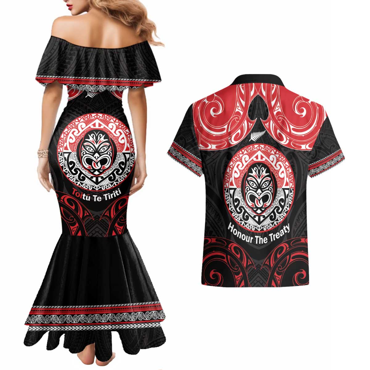 Aotearoa Toitu Te Tiriti Couples Matching Mermaid Dress and Hawaiian Shirt Haka Tiki Honour The Treaty LT14 - Polynesian Pride