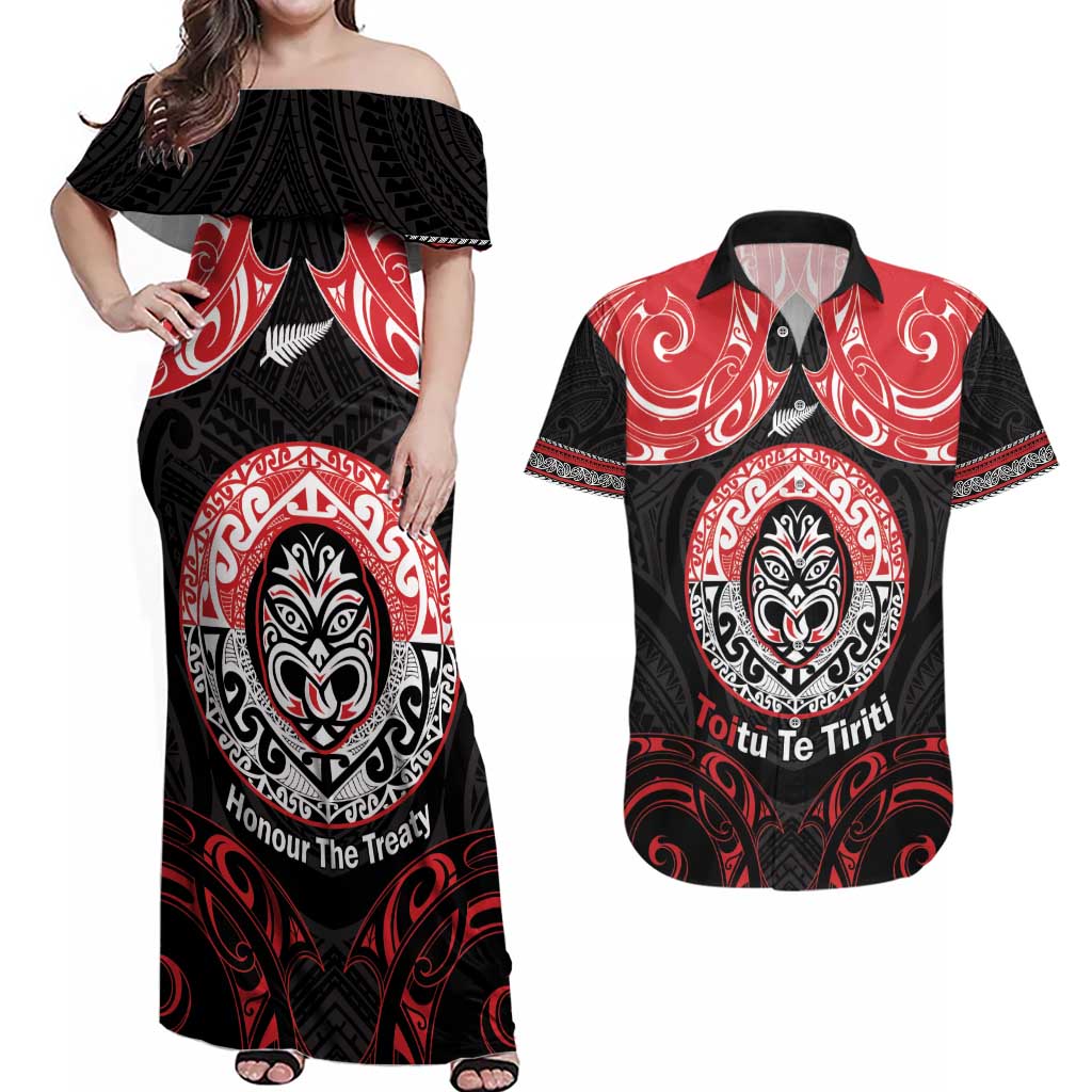 Aotearoa Toitu Te Tiriti Couples Matching Off Shoulder Maxi Dress and Hawaiian Shirt Haka Tiki Honour The Treaty LT14 Black - Polynesian Pride