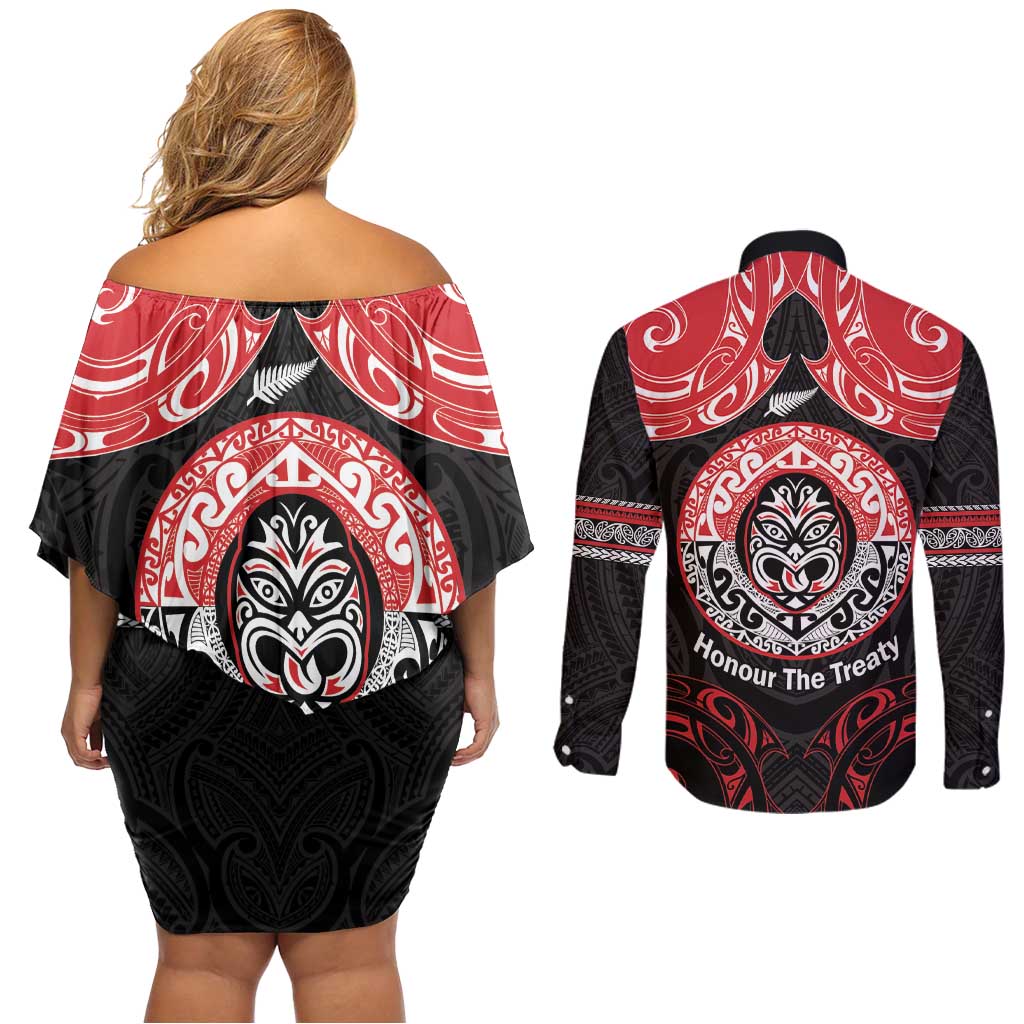 Aotearoa Toitu Te Tiriti Couples Matching Off Shoulder Short Dress and Long Sleeve Button Shirt Haka Tiki Honour The Treaty