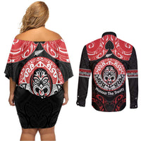 Aotearoa Toitu Te Tiriti Couples Matching Off Shoulder Short Dress and Long Sleeve Button Shirt Haka Tiki Honour The Treaty