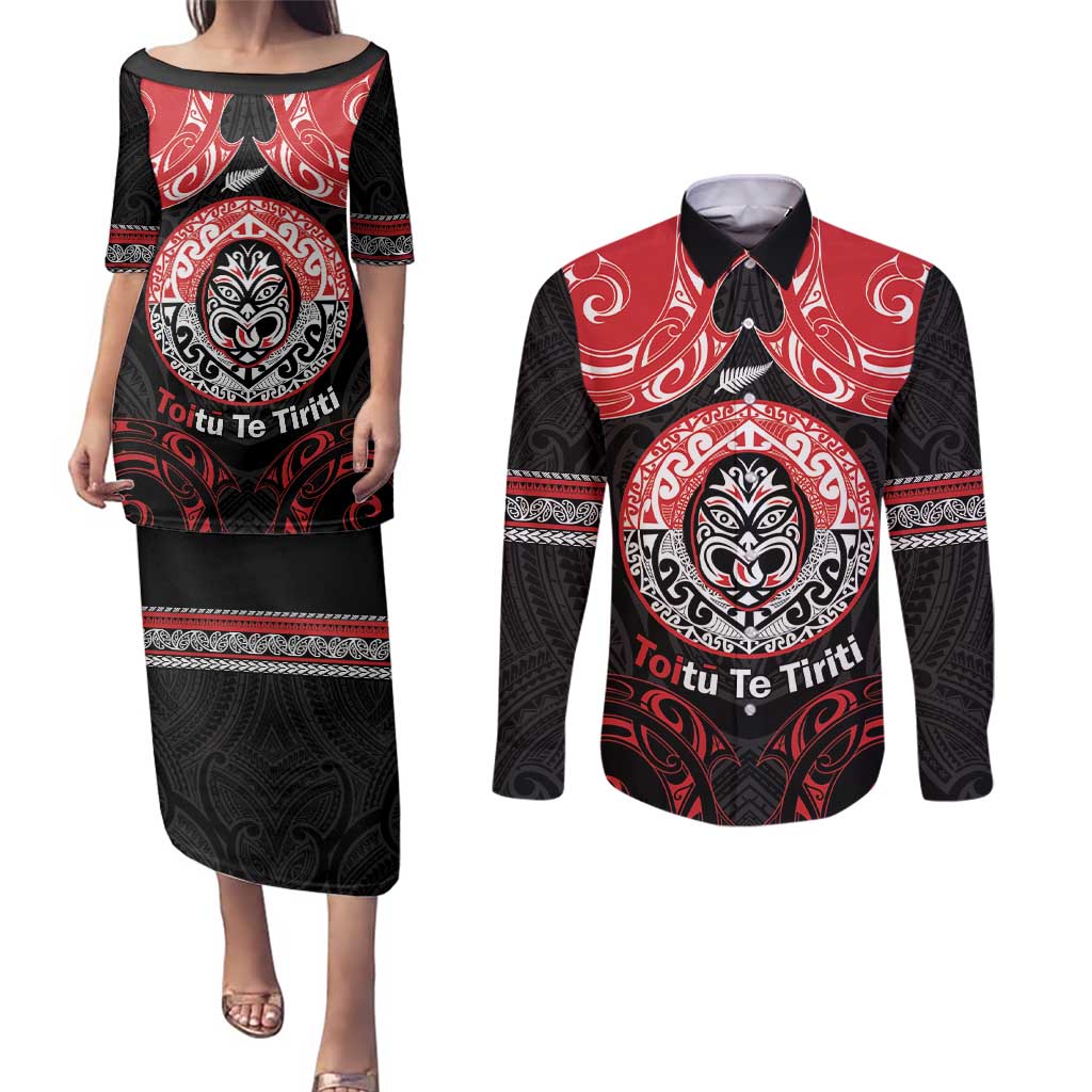 Aotearoa Toitu Te Tiriti Couples Matching Puletasi and Long Sleeve Button Shirt Haka Tiki Honour The Treaty