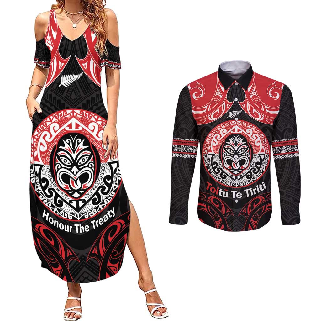 Aotearoa Toitu Te Tiriti Couples Matching Summer Maxi Dress and Long Sleeve Button Shirt Haka Tiki Honour The Treaty