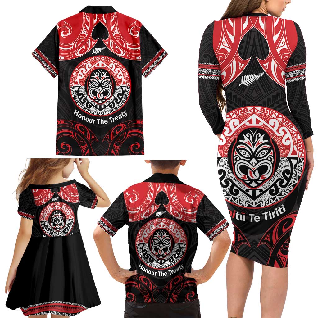 Aotearoa Toitu Te Tiriti Family Matching Long Sleeve Bodycon Dress and Hawaiian Shirt Haka Tiki Honour The Treaty LT14 - Polynesian Pride
