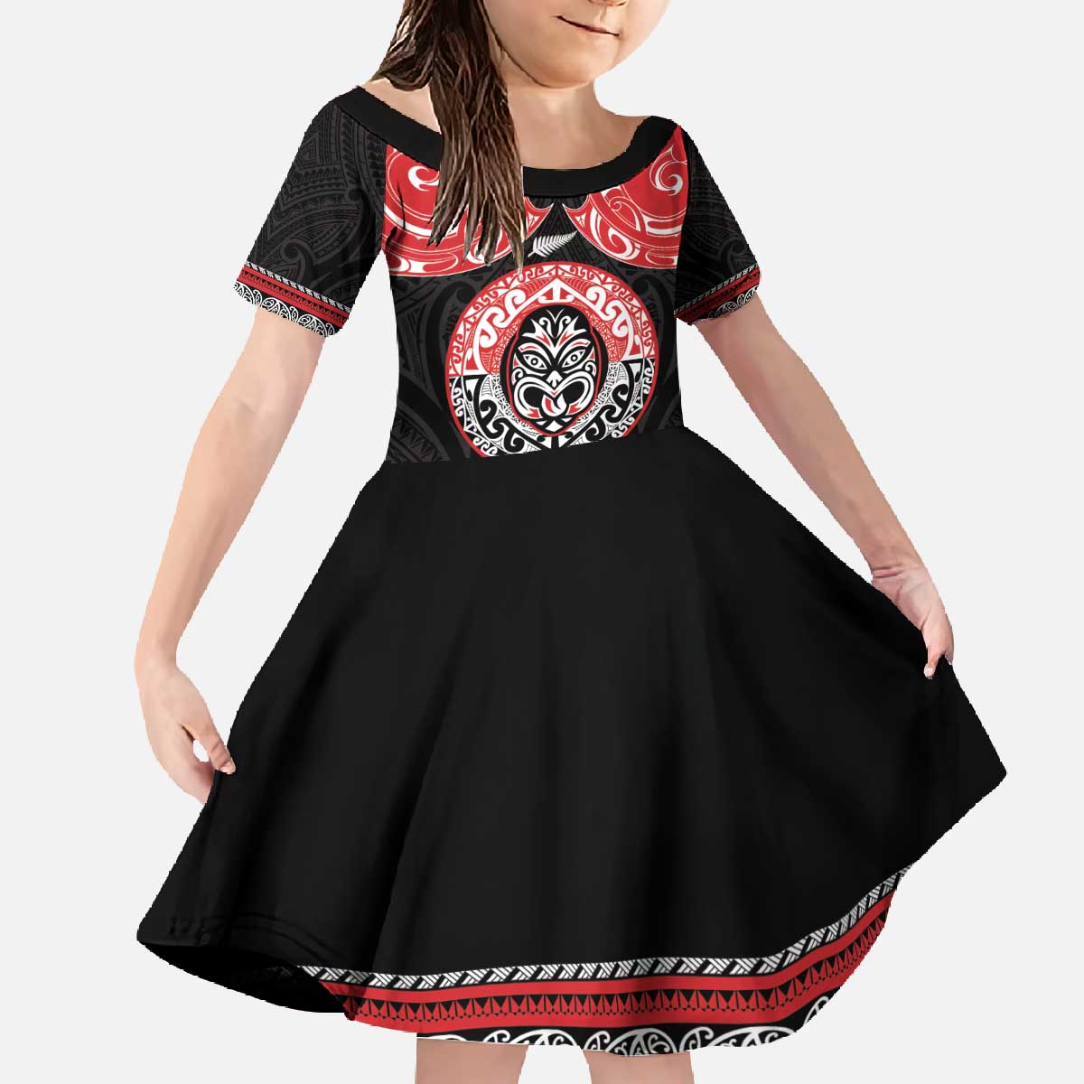 Aotearoa Toitu Te Tiriti Family Matching Off The Shoulder Long Sleeve Dress and Hawaiian Shirt Haka Tiki Honour The Treaty LT14 Daughter's Dress Black - Polynesian Pride
