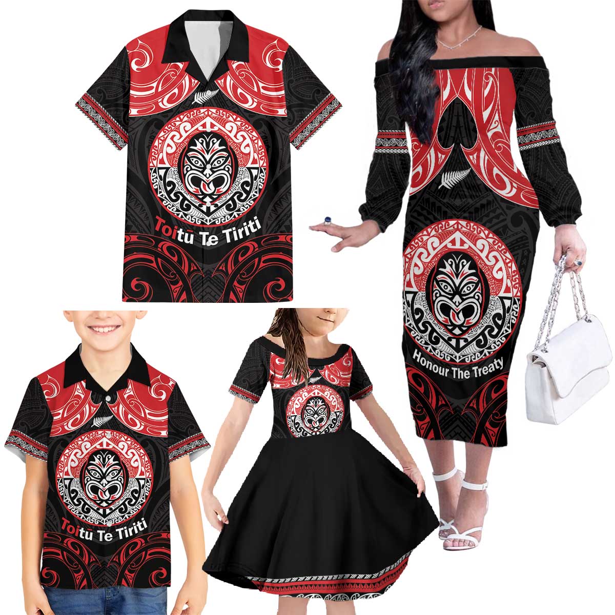 Aotearoa Toitu Te Tiriti Family Matching Off The Shoulder Long Sleeve Dress and Hawaiian Shirt Haka Tiki Honour The Treaty LT14 - Polynesian Pride