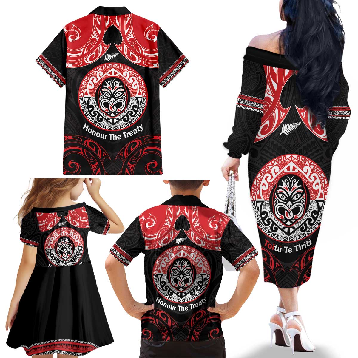 Aotearoa Toitu Te Tiriti Family Matching Off The Shoulder Long Sleeve Dress and Hawaiian Shirt Haka Tiki Honour The Treaty LT14 - Polynesian Pride