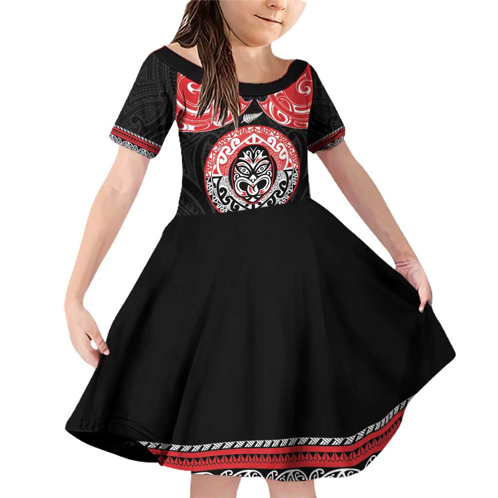 Aotearoa Toitu Te Tiriti Family Matching Off Shoulder Short Dress and Hawaiian Shirt Haka Tiki Honour The Treaty LT14 Daughter's Dress Black - Polynesian Pride