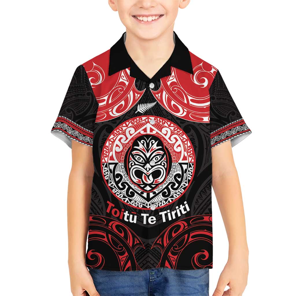 Aotearoa Toitu Te Tiriti Family Matching Off Shoulder Short Dress and Hawaiian Shirt Haka Tiki Honour The Treaty LT14 Son's Shirt Black - Polynesian Pride