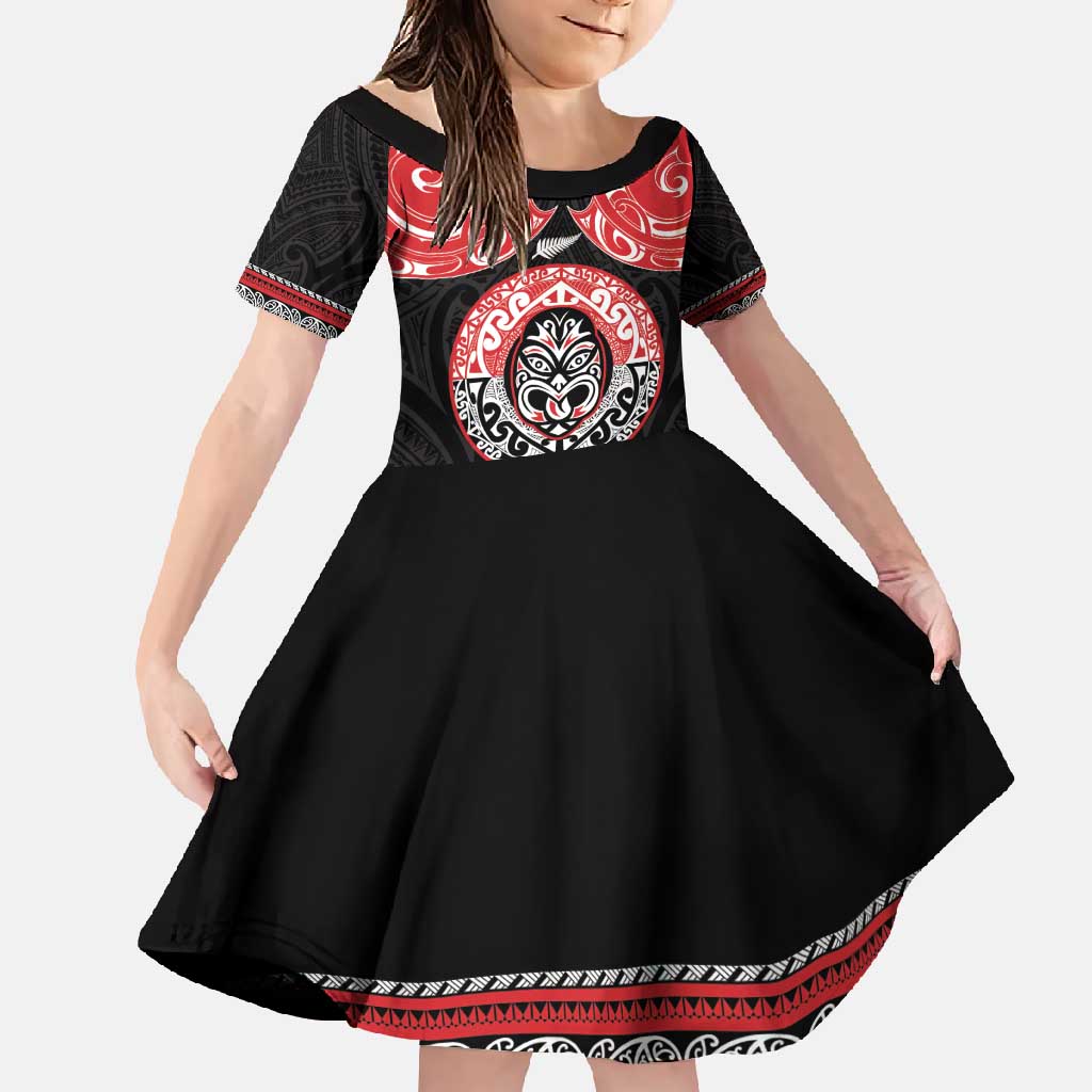 Aotearoa Toitu Te Tiriti Family Matching Tank Maxi Dress and Hawaiian Shirt Haka Tiki Honour The Treaty LT14 Daughter's Dress Black - Polynesian Pride