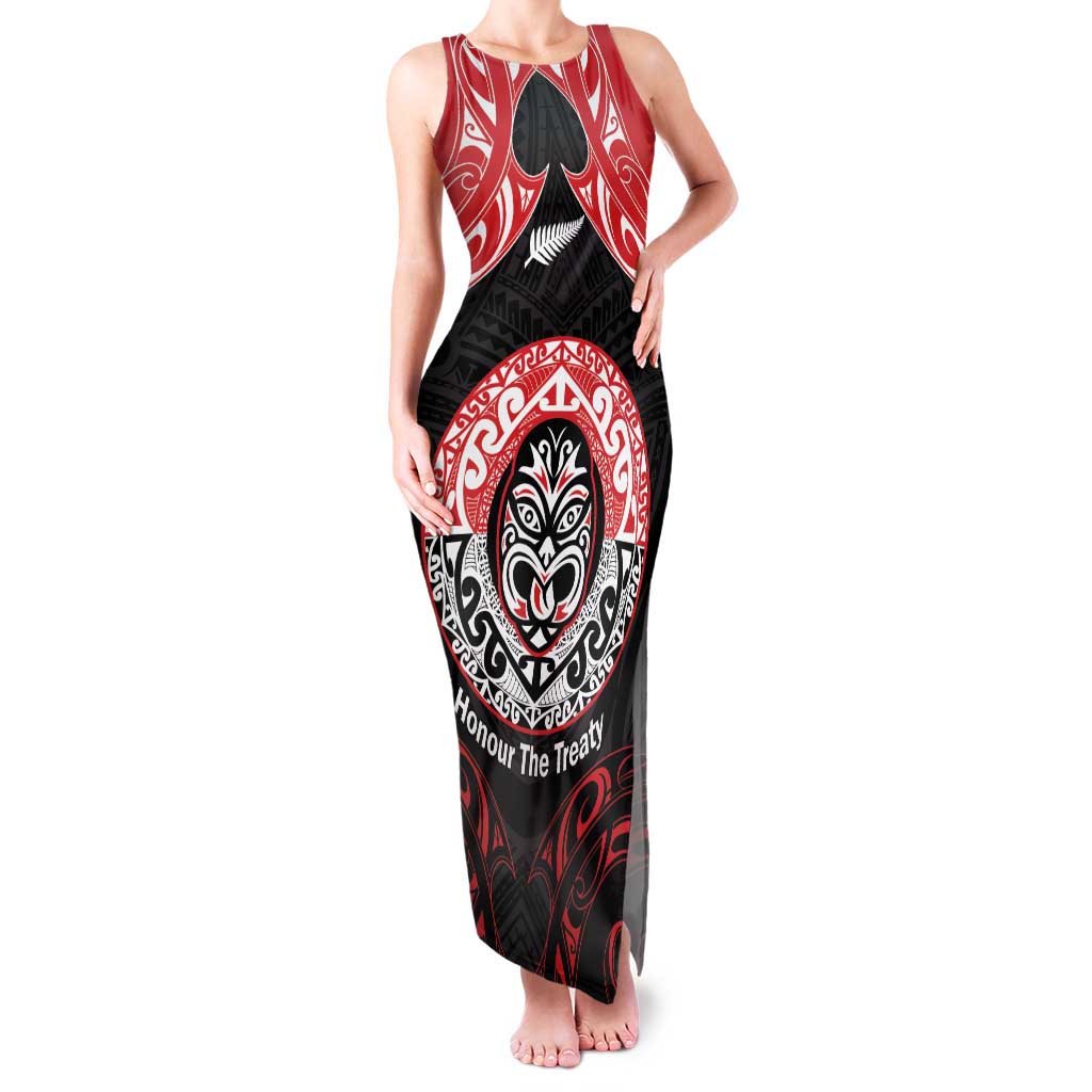 Aotearoa Toitu Te Tiriti Family Matching Tank Maxi Dress and Hawaiian Shirt Haka Tiki Honour The Treaty LT14 Mom's Dress Black - Polynesian Pride