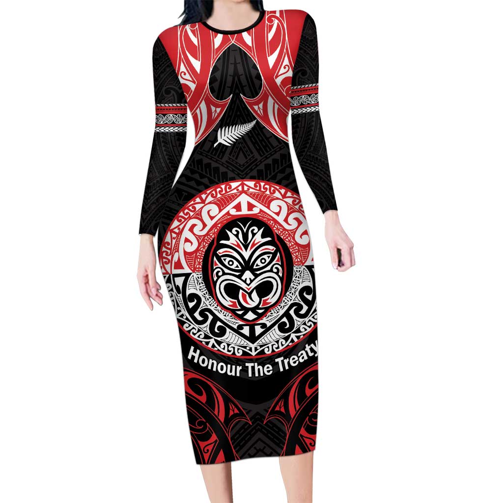Aotearoa Toitu Te Tiriti Long Sleeve Bodycon Dress Haka Tiki Honour The Treaty LT14 Long Dress Black - Polynesian Pride