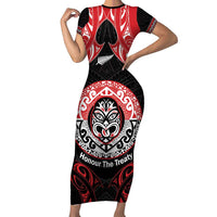 Aotearoa Toitu Te Tiriti Short Sleeve Bodycon Dress Haka Tiki Honour The Treaty LT14 Long Dress Black - Polynesian Pride