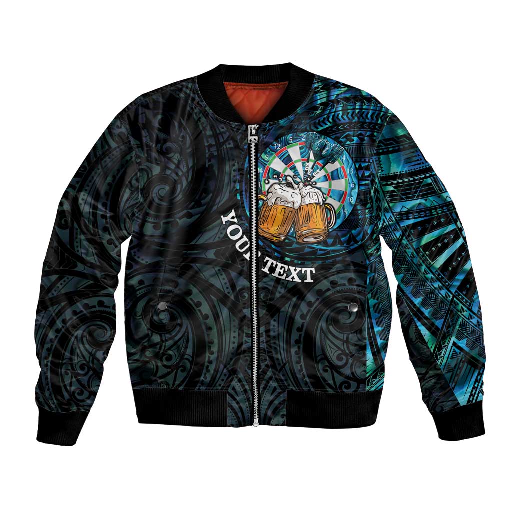 Personalized New Zealand Darts Beer Bomber Jacket Paua Shell Aotearoa Maori Tattoo LT14 Unisex Black - Polynesian Pride