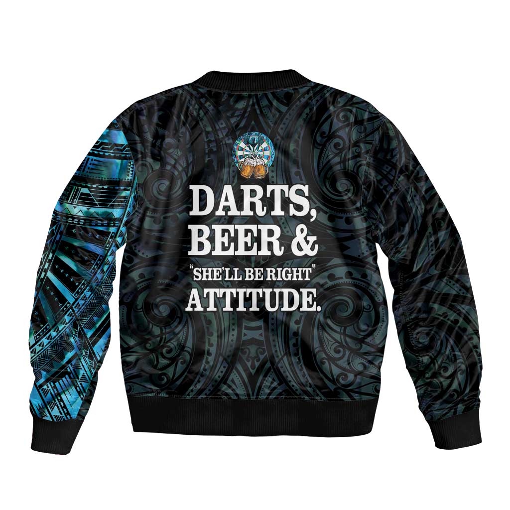 Personalized New Zealand Darts Beer Bomber Jacket Paua Shell Aotearoa Maori Tattoo LT14 - Polynesian Pride