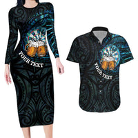 Personalized New Zealand Darts Beer Couples Matching Long Sleeve Bodycon Dress and Hawaiian Shirt Paua Shell Aotearoa Maori Tattoo LT14 Black - Polynesian Pride