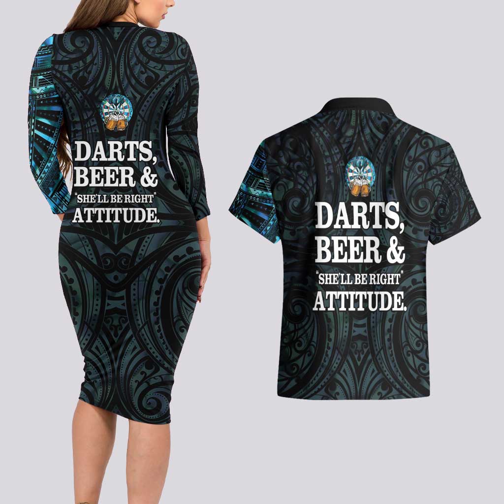 Personalized New Zealand Darts Beer Couples Matching Long Sleeve Bodycon Dress and Hawaiian Shirt Paua Shell Aotearoa Maori Tattoo LT14 - Polynesian Pride