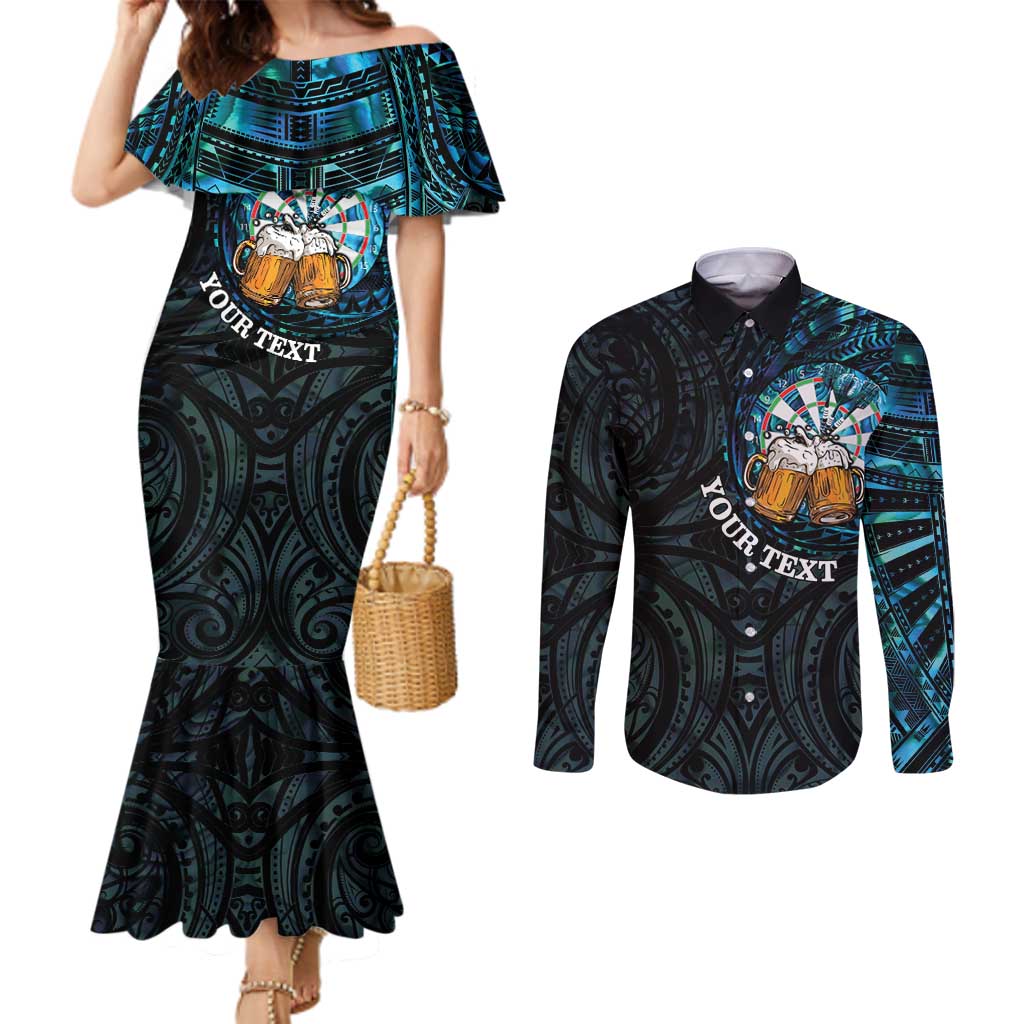 Personalized New Zealand Darts Beer Couples Matching Mermaid Dress and Long Sleeve Button Shirt Paua Shell Aotearoa Maori Tattoo LT14 Black - Polynesian Pride