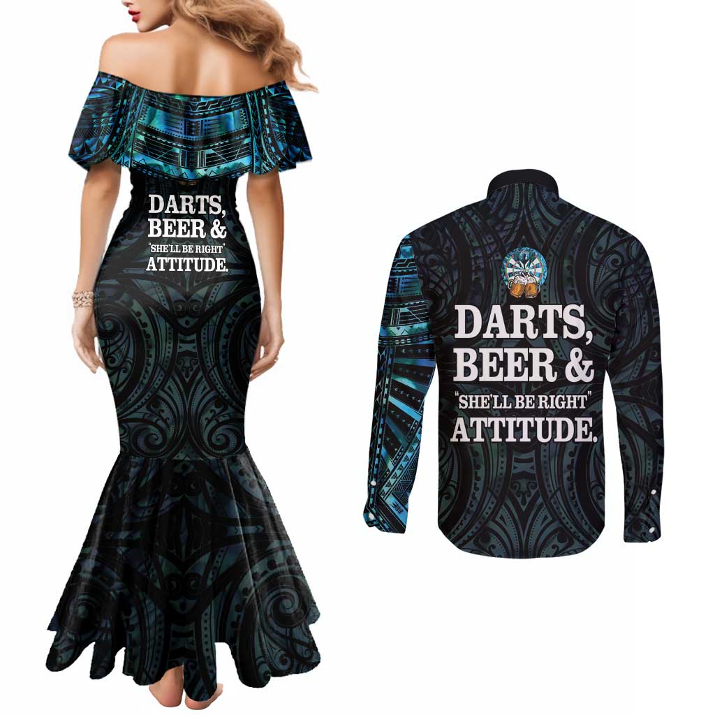 Personalized New Zealand Darts Beer Couples Matching Mermaid Dress and Long Sleeve Button Shirt Paua Shell Aotearoa Maori Tattoo LT14 - Polynesian Pride