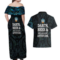 Personalized New Zealand Darts Beer Couples Matching Off Shoulder Maxi Dress and Hawaiian Shirt Paua Shell Aotearoa Maori Tattoo LT14 - Polynesian Pride